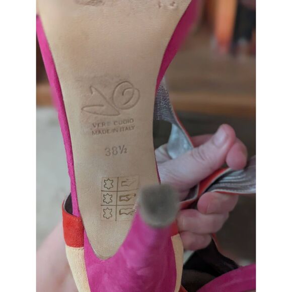 Joan Oloff Women's 38.5 US 8.5 Pink Red Peep Open Toe Pumps Heels Leather Italy - Picture 5 of 6